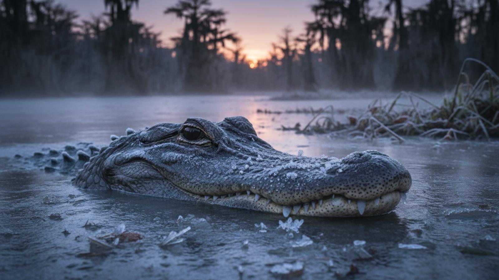 American alligator with its snout protruding through frozen pond ice during winter brumation.