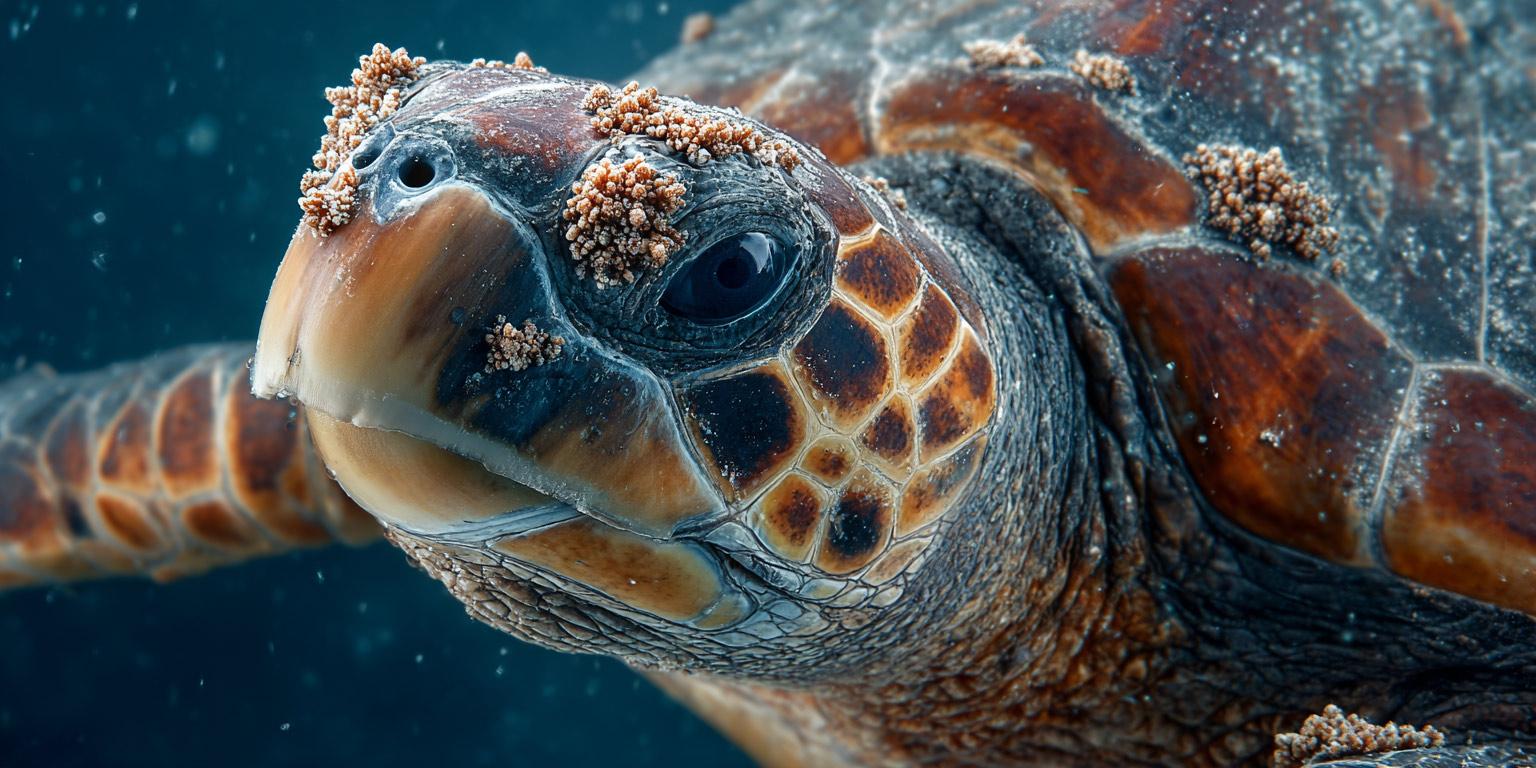 Sea turtle underwater demonstrating its role as a living island ecosystem.