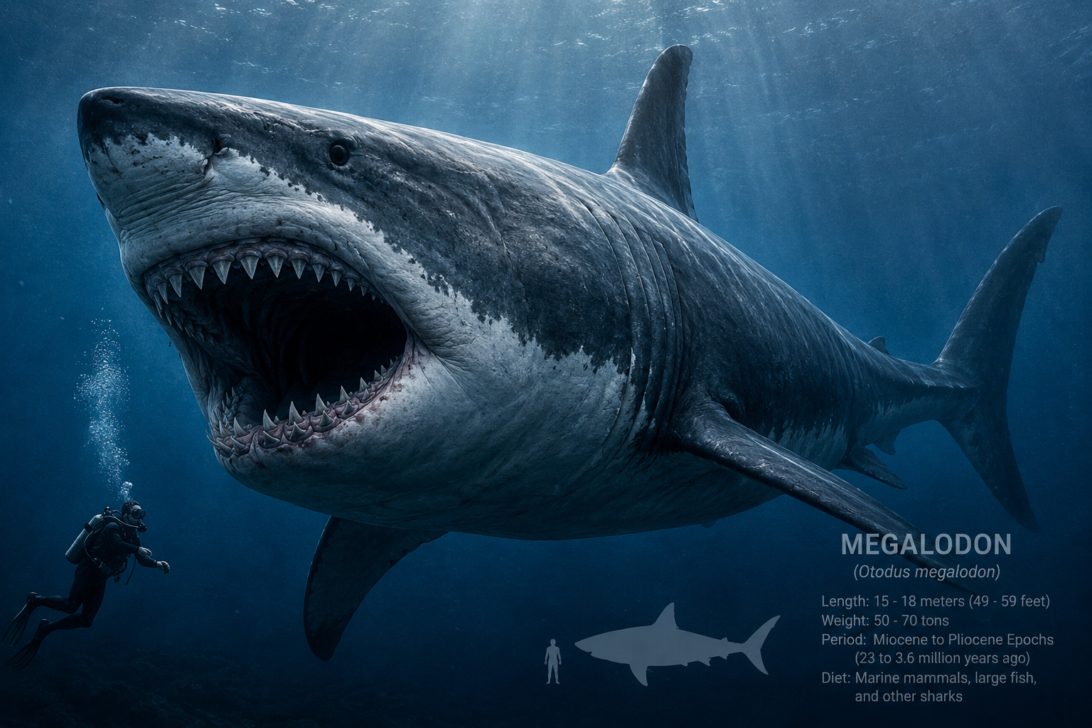 Artist's reconstruction of the giant prehistoric Megalodon shark swimming through an ancient ocean.