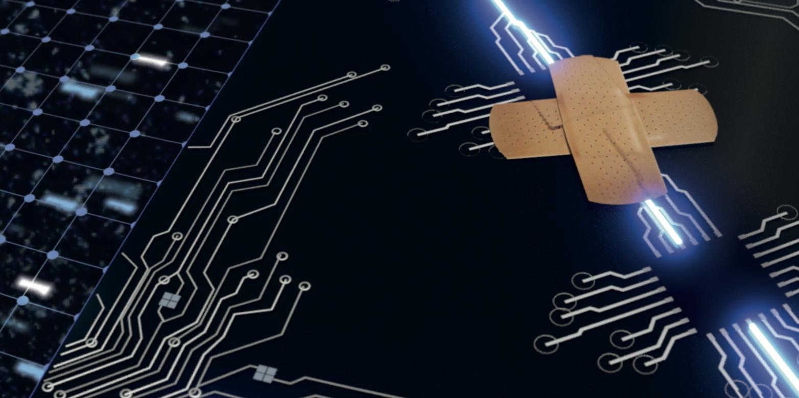 Concept illustration of a self-healing electronic circuit automatically repairing microscopic damage.