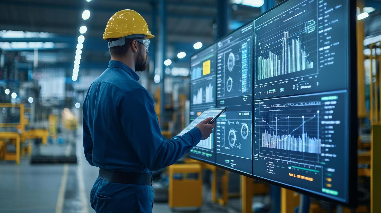 Engineer monitoring factory performance through a real-time digital analytics dashboard.