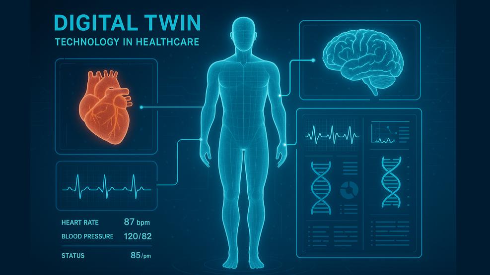 Healthcare digital twin concept showing patient monitoring and predictive analysis.
