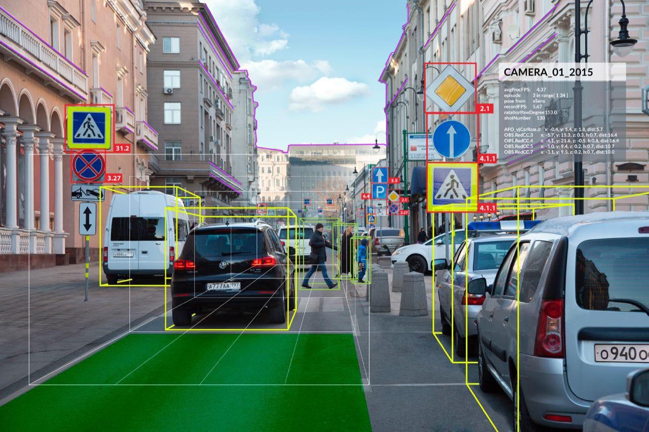 Computer vision system analyzing virtual street scenes generated for AI training.